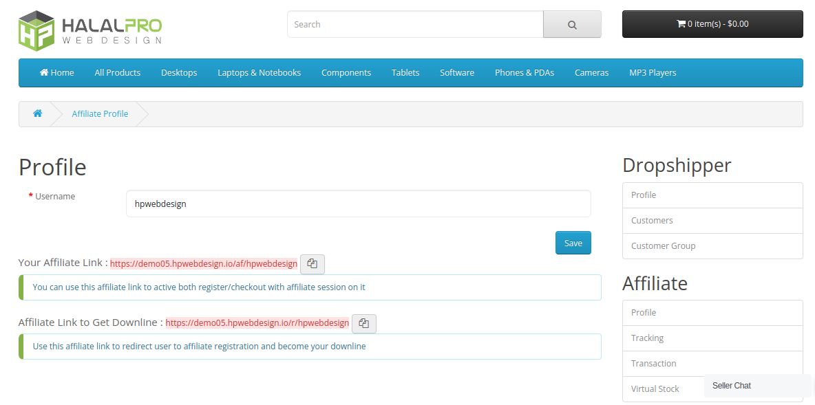 affiliate profile page where they can change tracking url opencart